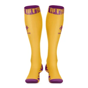 Custom Yellow and Purple Soccer Socks – Breathable Stretch Knit with Brush-Pattern Cuff, Cushioned Sole, and Full Team Customization by QEOK