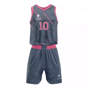 Custom Grey and Pink Basketball Uniform – Quick-Dry Pro Fit Jersey and Shorts with Contrast Trim, Number Printing, and Full Team Customization by QEOK