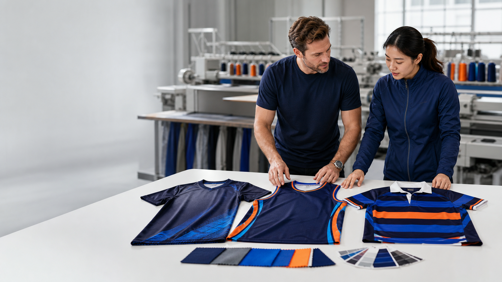 Buyer reviewing fabric swatches and custom teamwear samples at a low MOQ sportswear manufacturing facility