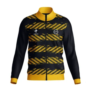 Custom Black and Yellow Track Jacket – Full-Zip Performance Top with Bold Checkered Graphic, Ribbed Collar & Cuffs, and Complete Team Customization by QEOK