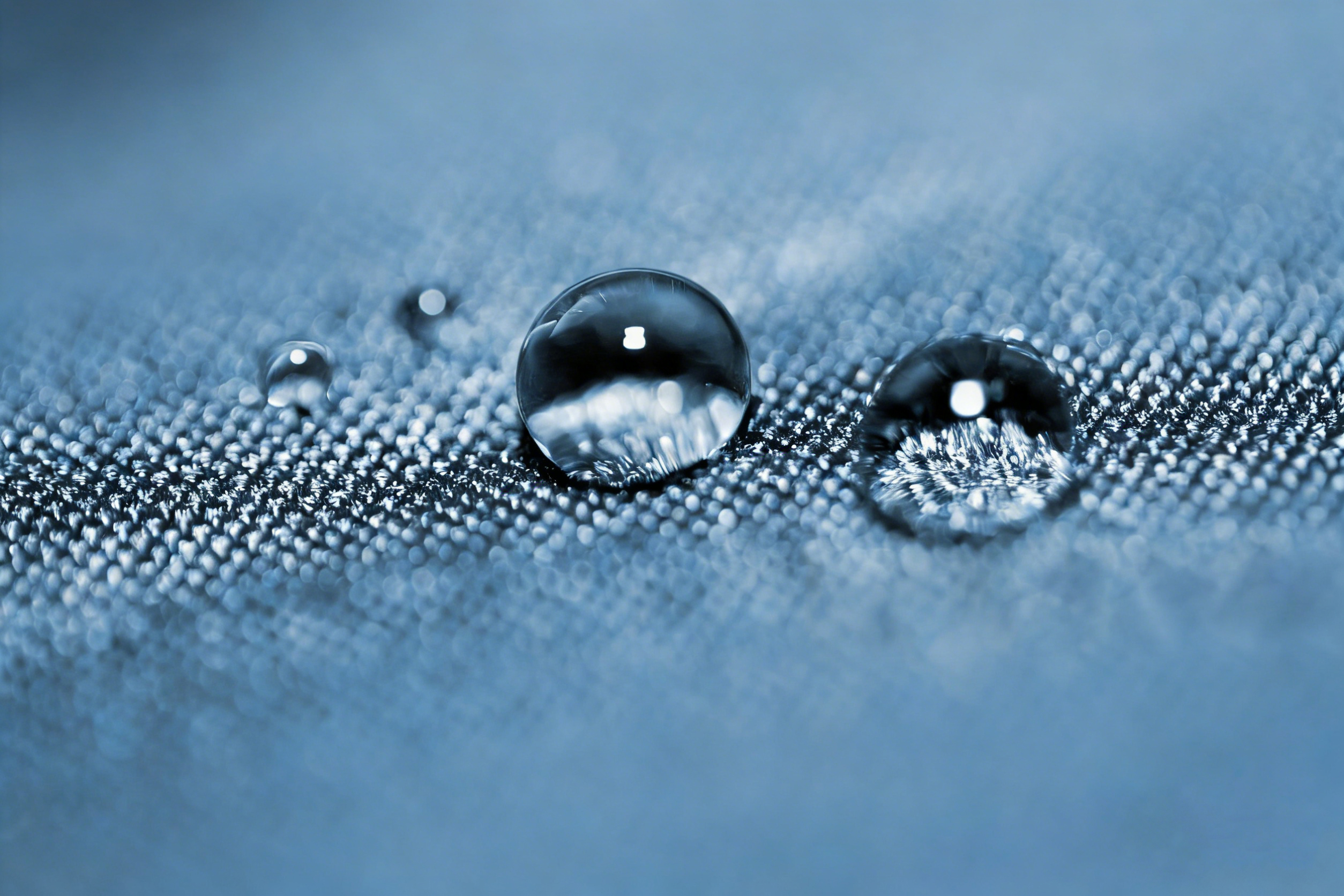Fluorine-free waterproofing test for fabric technology 2026: water droplets beading on blue fabric