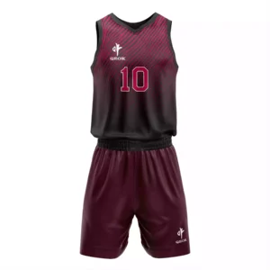Front view of custom maroon sublimated basketball uniform by QEOK, featuring gradient black-red design and printed number 10 on quick-dry fabric.