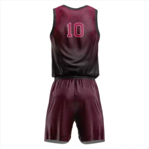Back view of custom maroon sublimated basketball uniform showing gradient color finish, breathable mesh panel, and athletic fit for players.