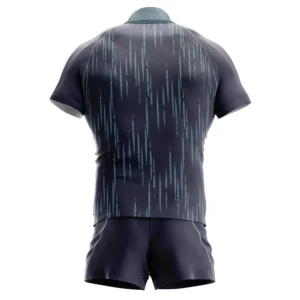 Back view of custom navy sublimated rugby jersey showing full sublimation print, reinforced seams, and athletic fit for teamwear performance.