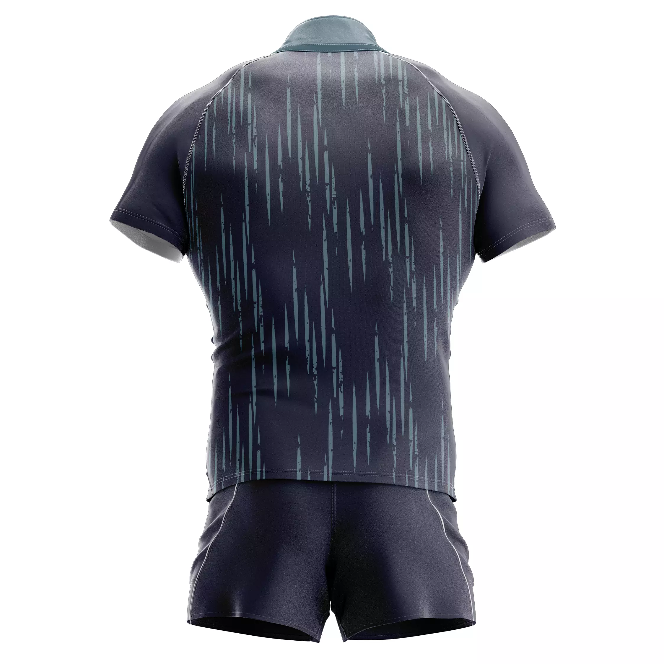 Back view of custom navy sublimated rugby jersey showing full sublimation print, reinforced seams, and athletic fit for teamwear performance.