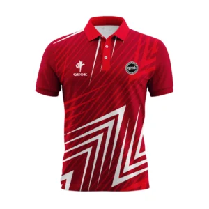 Custom Red Performance Polo Shirt with Geometric Team Design