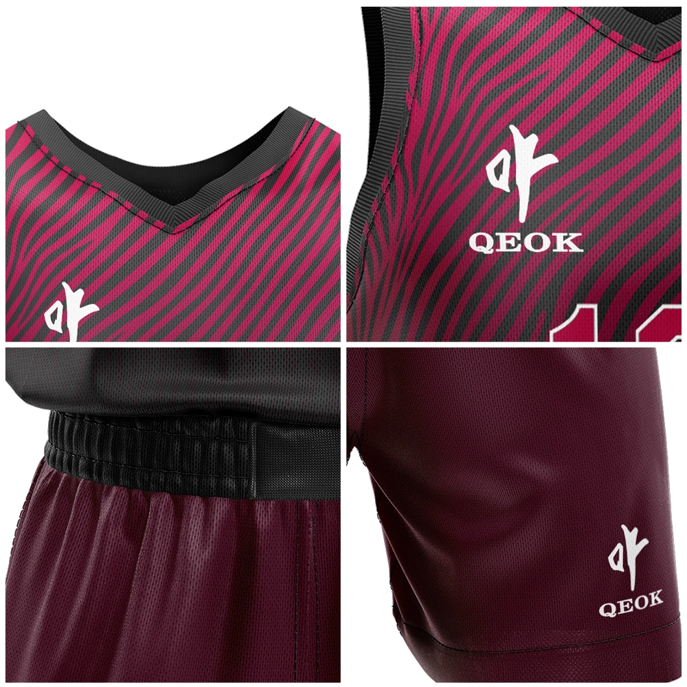 Detailed view of custom maroon sublimated basketball uniform fabric and logo printing, showcasing premium sublimation quality and vibrant color.
