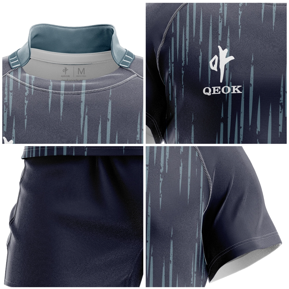 Detailed view of custom navy sublimated rugby jersey fabric texture and logo printing, showing breathable mesh pattern and precision sublimation quality.