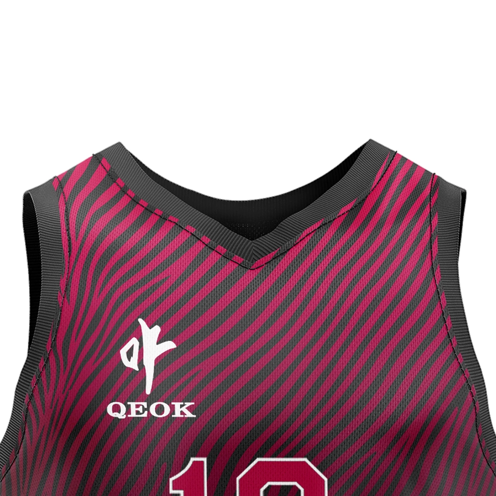 Close-up of neckline on custom maroon sublimated basketball jersey, highlighting clean stitching, stretch fabric, and smooth finish.