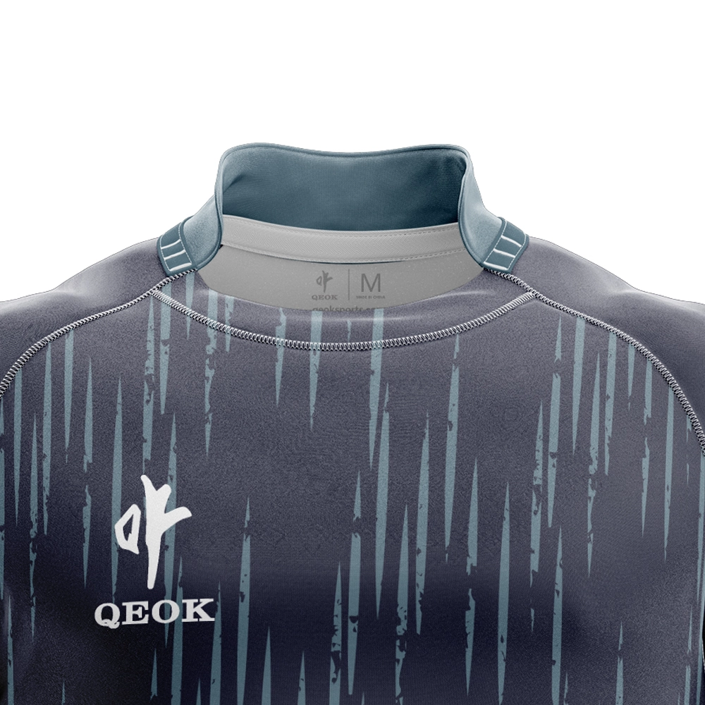 Close-up of collar design on custom navy sublimated rugby jersey, highlighting smooth stitching, soft neckline fabric, and durable construction.